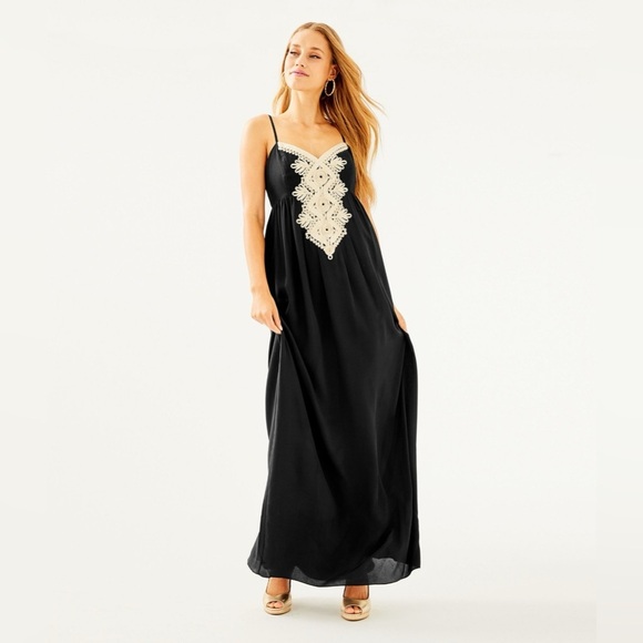 EUC Lilly Pulitzer Kelsea Silk Maxi Dress Onyx Black Embroidered Gold size 4 - Picture 1 of 6